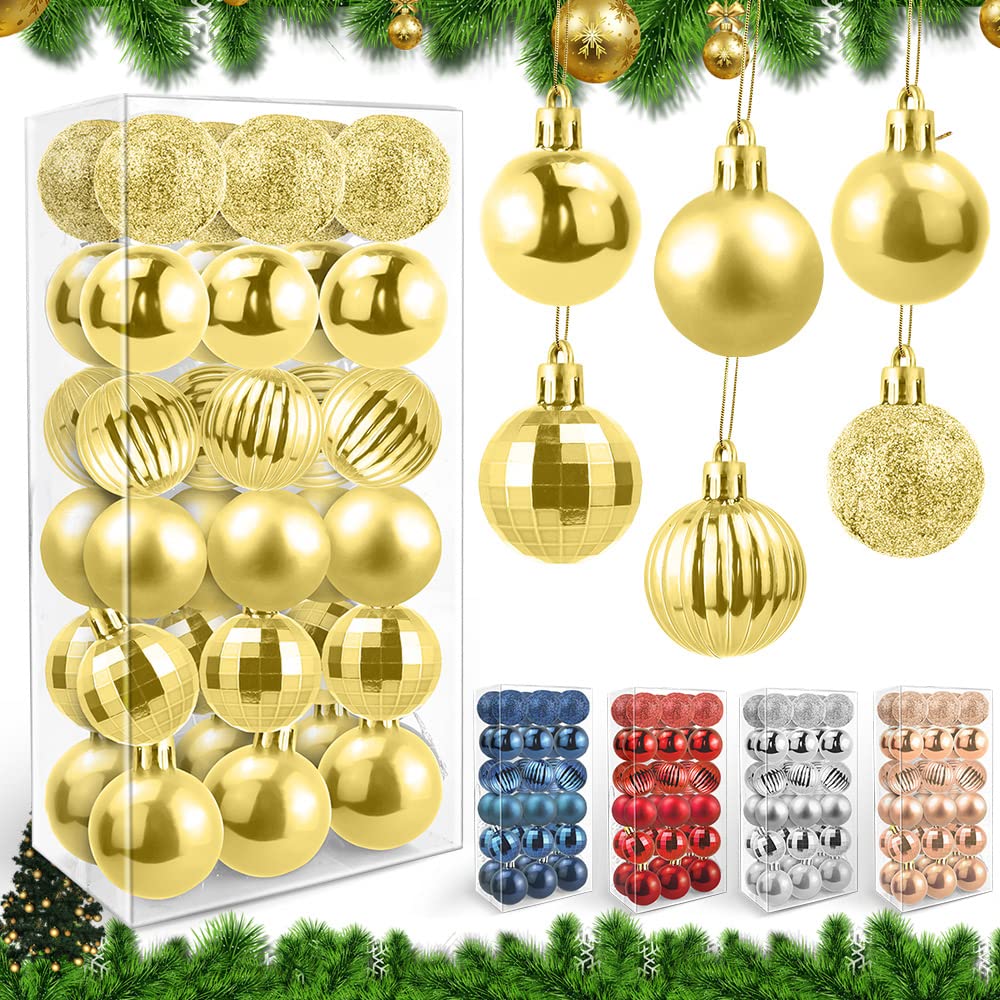 FIGFYOU 36 Pcs Christmas Baubles, 6 Styles Gold Baubles with Hanging Loop, Shatterproof Tree Ornaments for Xmas Tree Decor (4cm)