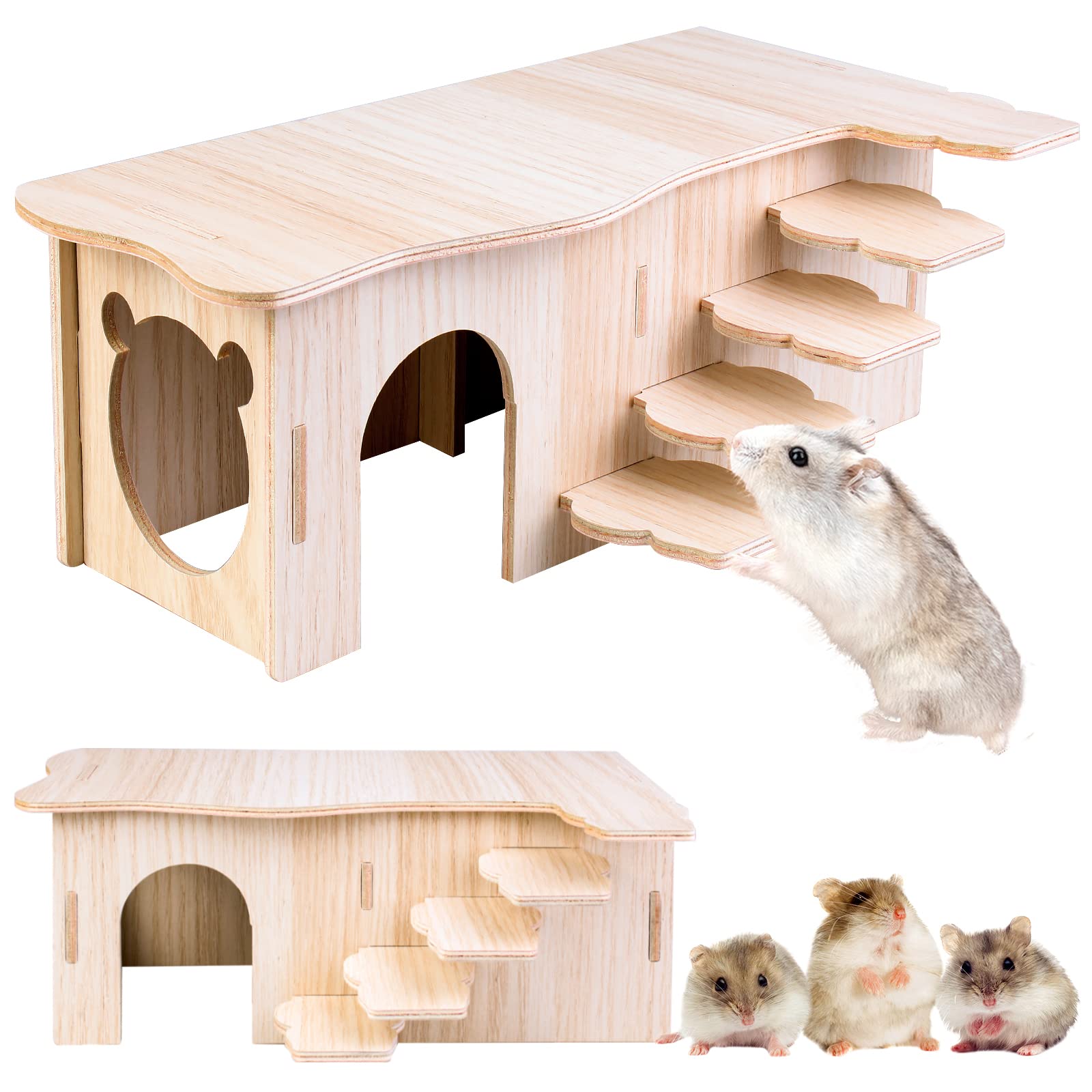 Vegena Hamster House with Steps - Wooden Corner House Hideout for Dwarf Hamsters, Gerbils, Degus (27x15x10.5cm)