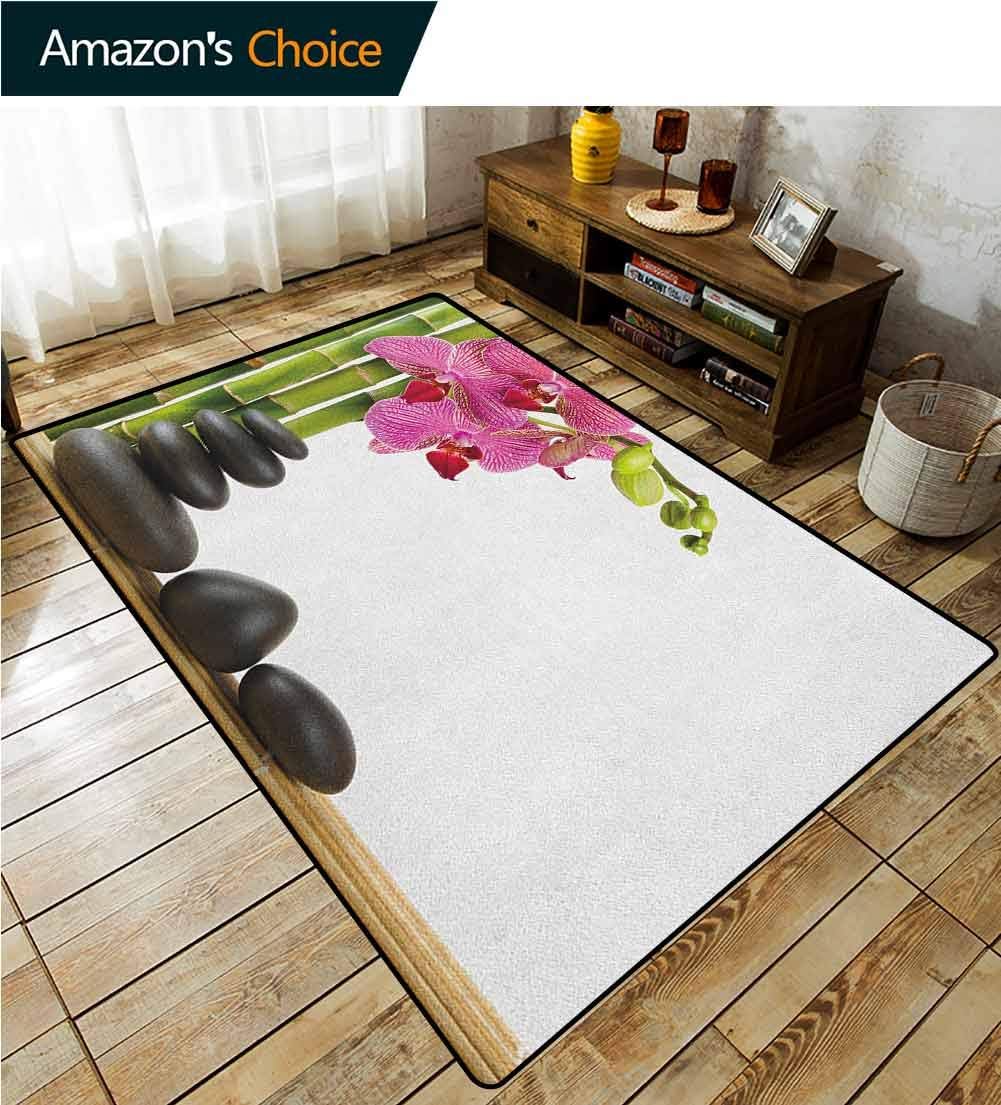 YucouHome Spa Flowers Area Rug Nonslip Pads, Beautiful Pink Orchid with Bamboos and Black Hot Stone Massage Image Print, Fashionable High Class Living Dinning Room(5'x 8') Pink Green and Black