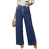 DOKOTOO Women's Casual High Waisted Jeans Stretch Button Wide Leg Loose Denim Pants with Pockets