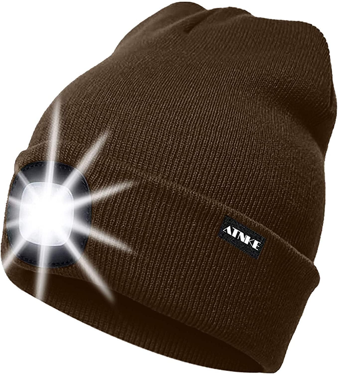 ATNKE LED Lighted Beanie Cap,USB Rechargeable Running Hat Ultra Bright 4 LED Waterproof Light Winter Warm Gifts for Men and Women/Coffee — image 1