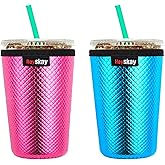 HEYSKAY Insulated Coffee Cup Sleeves Reusable Neoprene Iced Coffee Sleeve Hot Cold Drinks Beverages Cooler sleeve for Coffee Cups and More (Rose/Blue, Medium(for 22-28oz))
