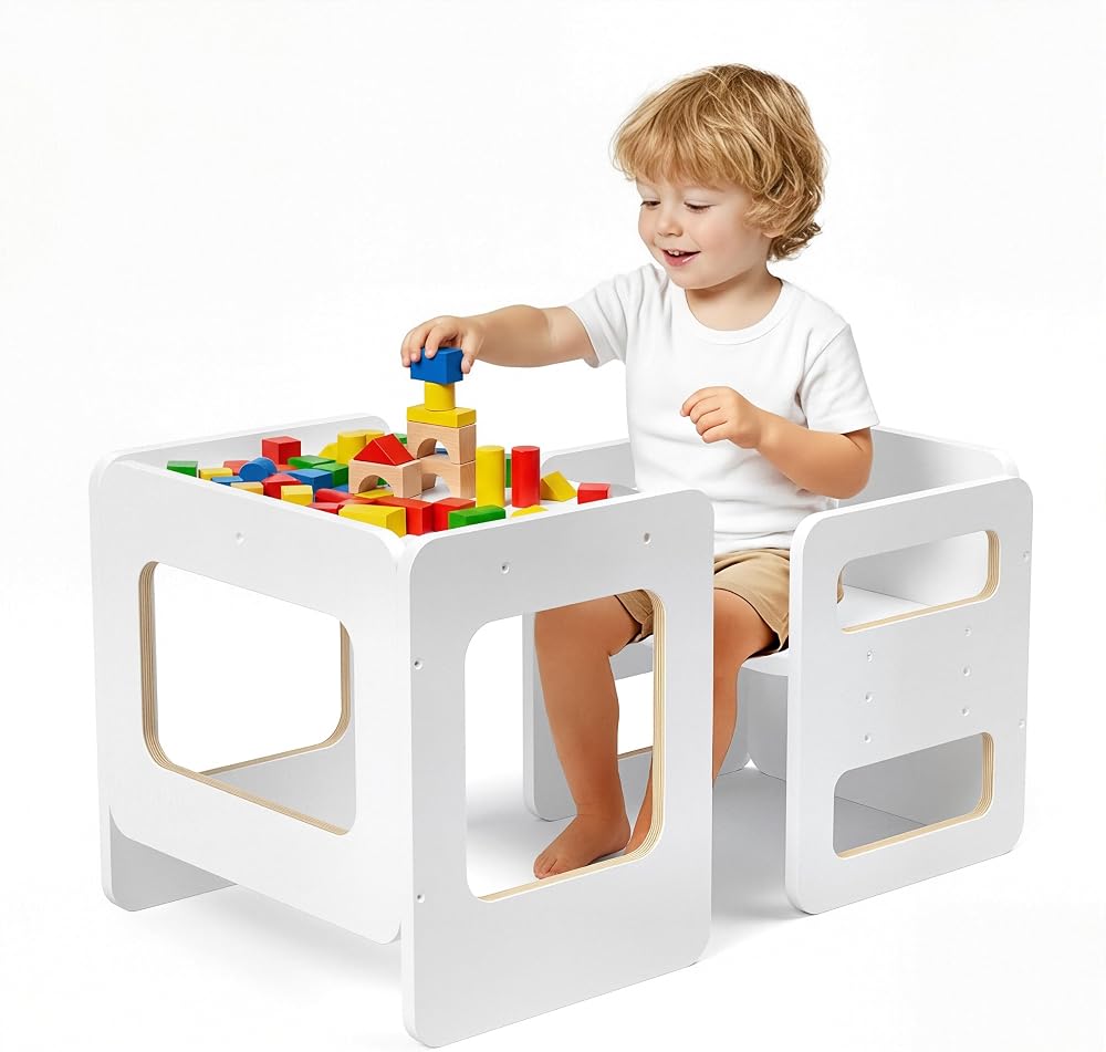 Tilhumt Montessori Toddler Table Chair Set, 3 Adjustable Heights, Safe Design