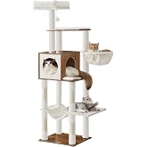 Feandrea Cat Tree, 65-Inch Tall Cat Tower, Multi-Level Condo with Cave | Basket, Hammock, Pompom, Scratching Posts, Honey Brown, CAEN Collection UPCT118K03