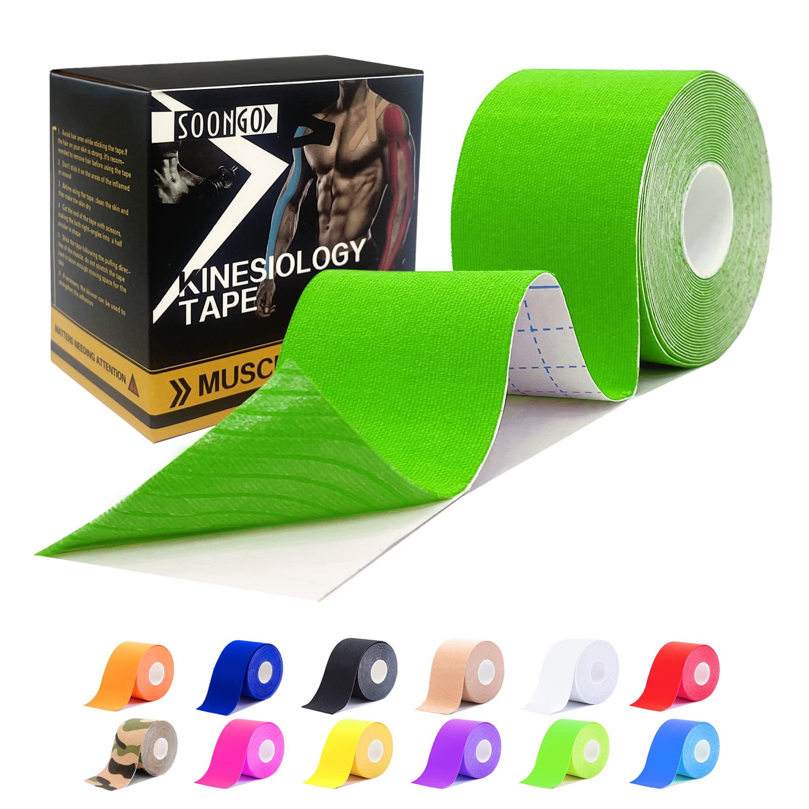 Sports tape1/2/5 Roll Relieve Muscle Soreness and Strain Shoulders Wrists Knees Ankles Elastic Waterproof Good Air Permeability Hypoallergenic 5cm*5m By SOONGO (Green)