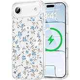 QLTYPRI Magnetic for iPhone Air Case Compatible with Magsafe, Cute Floral Flower Aesthetic Phone Case Slim Clear Anti-Yellowing Shockproof Phone Cover for Girls Women - Blue