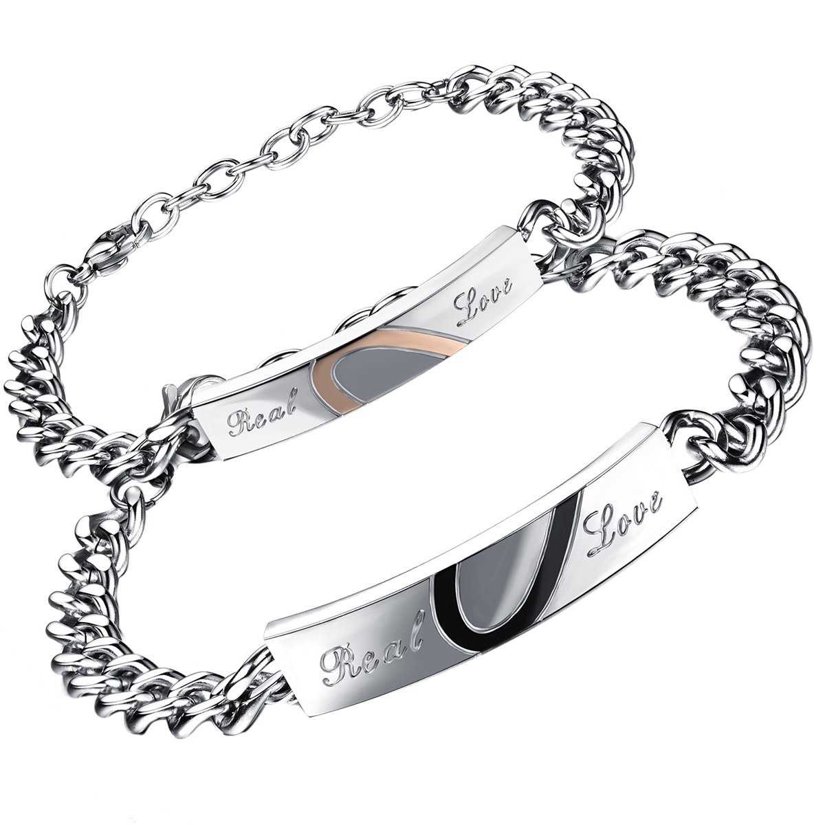 Flongo Men's Womens 2PCS Real Love Stainless Steel Couples Matching Heart Link Wrist Valentine Love Engagement Promise Gift Bracelet
