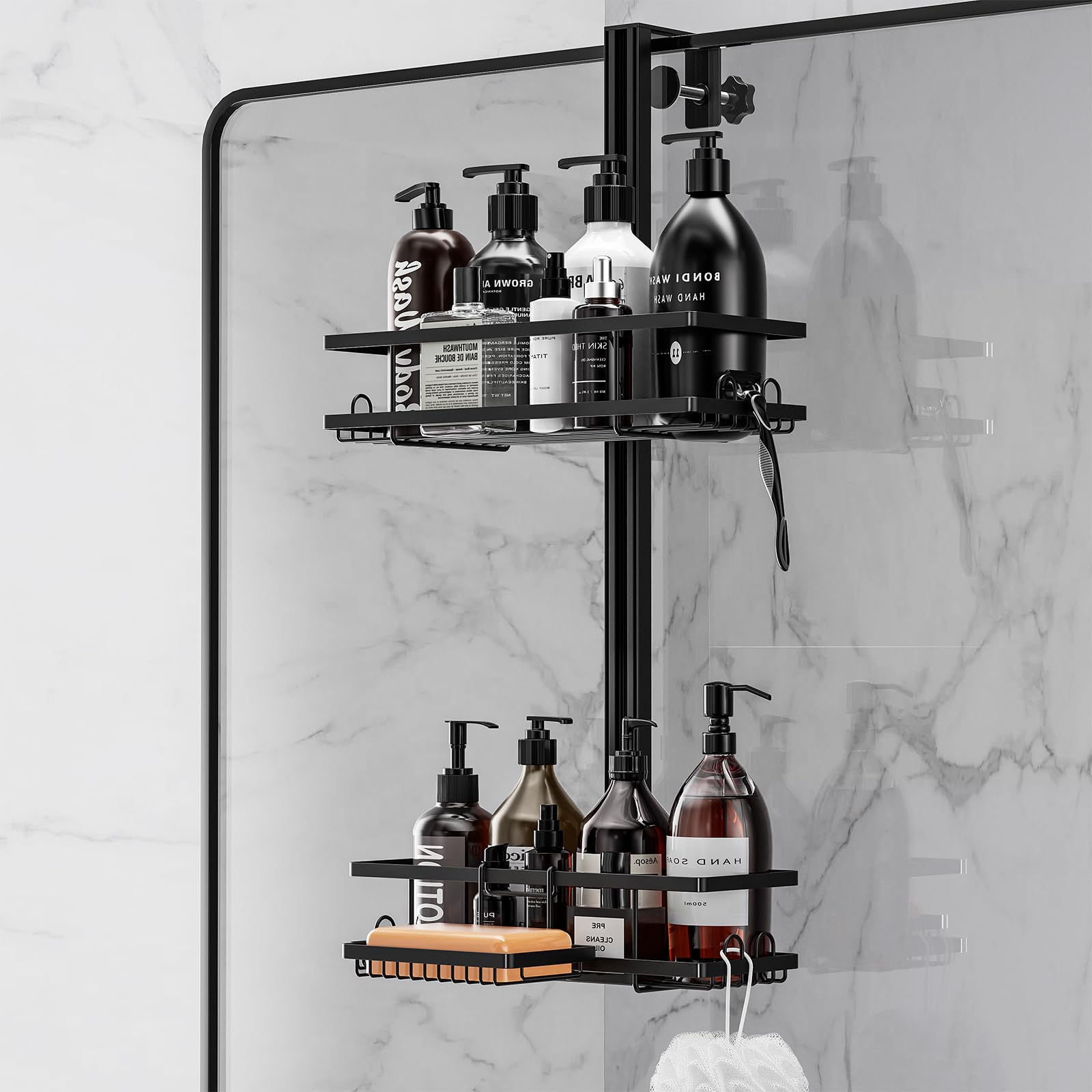 ZDDLOINP Shower Caddy Hanging With Soap Holder, Adjustable Height 2 Tier Over Door Rack, Bathroom Storage Organiser, Black Caddy With Holders for Soap and Shampoo
