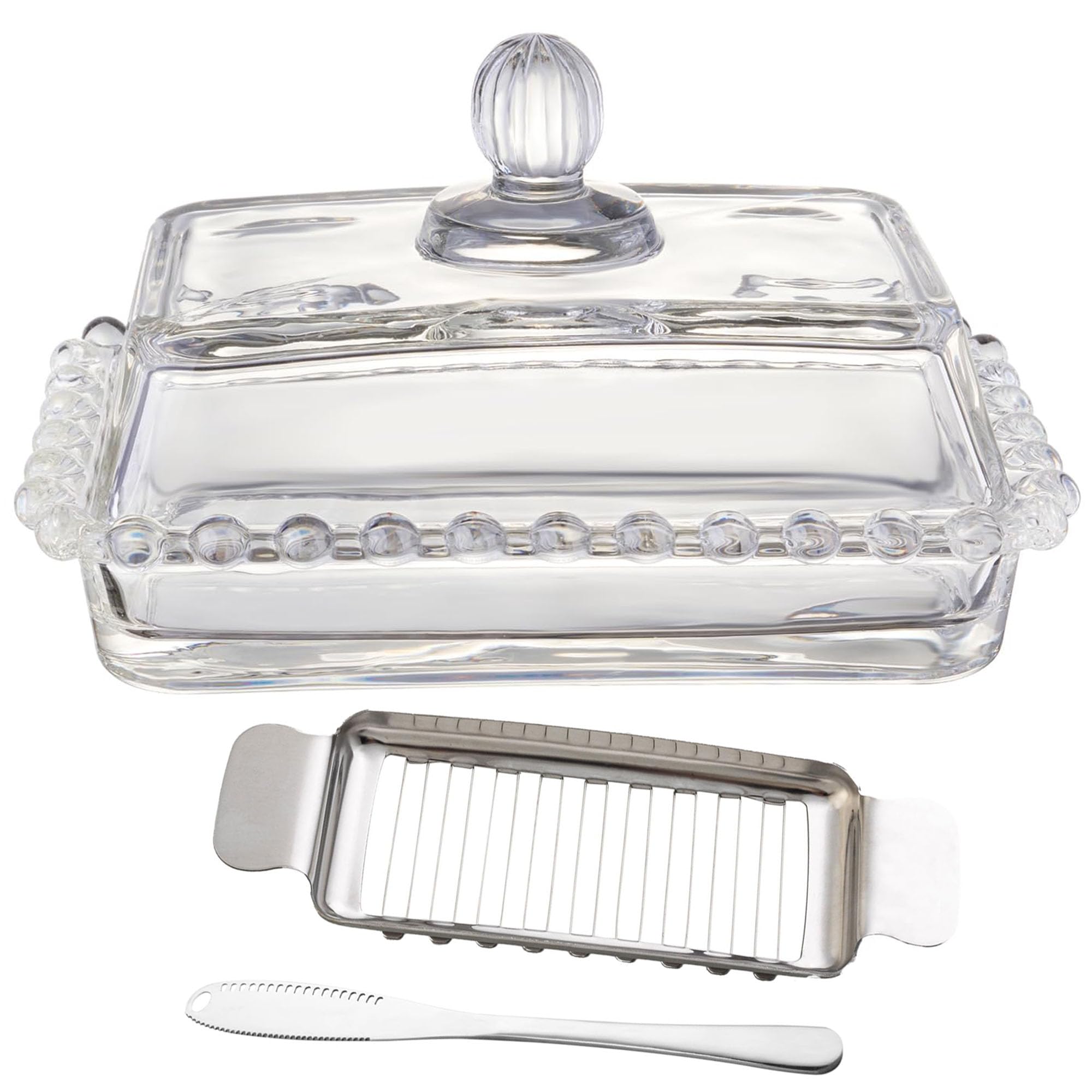 Photo 1 of ?Clear Glass Butter Dish with Lid - 6.7in Glsss Container Serving Butter Storage Container for Fridge (Includes Butter Knife & Cutter)