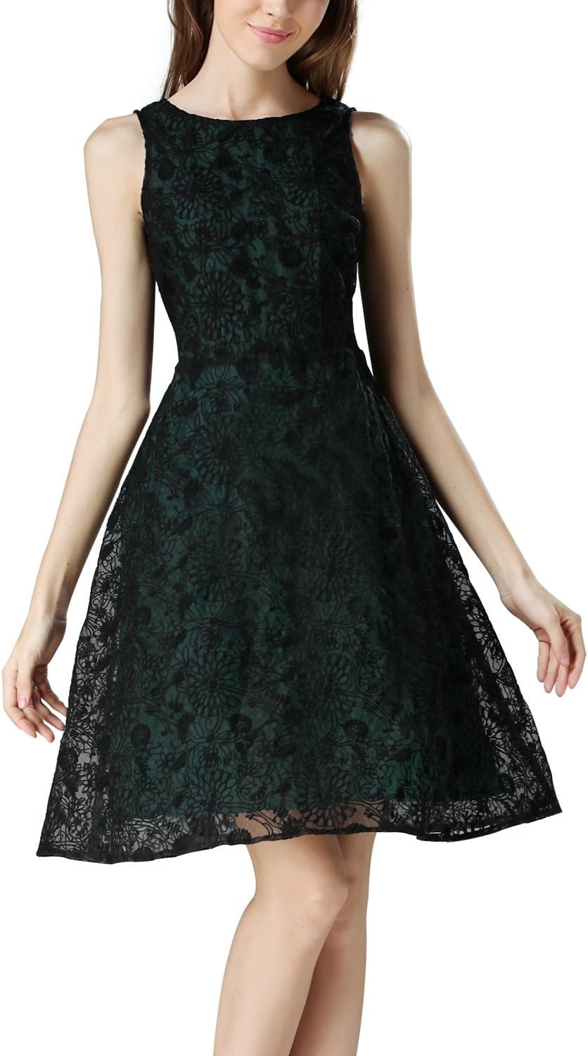 Women Sleeveless Backless Floral Lace Tank Flare Cocktail Party Skater Dress