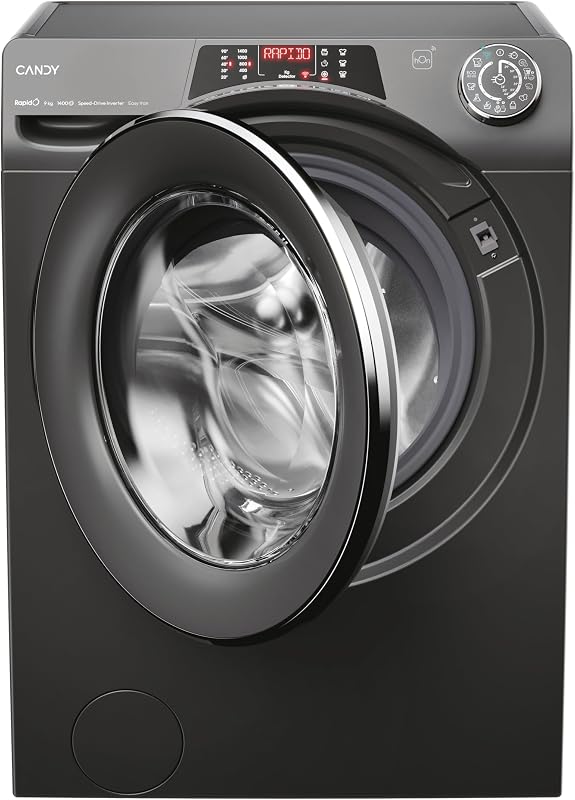 Máquina de lavar candy rapido ro1496dwmcrt/1-s 9 kg, 1400 rpm, tela de texto inteligente, painel de toque inteligente, wi-fi, snap & wash, 16 ciclos, 9 rápidos, motor de acionamento de velocidade inversora, função vapor, 76 db, antracite