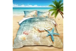 Bedbay California King Comforter Set Beach Themed Bedding California King Beach Decor Coastal Beach Starfish Pattern Oversized 3 Pieces Ocean Quilt Comforter Set(104" Wx96 L)