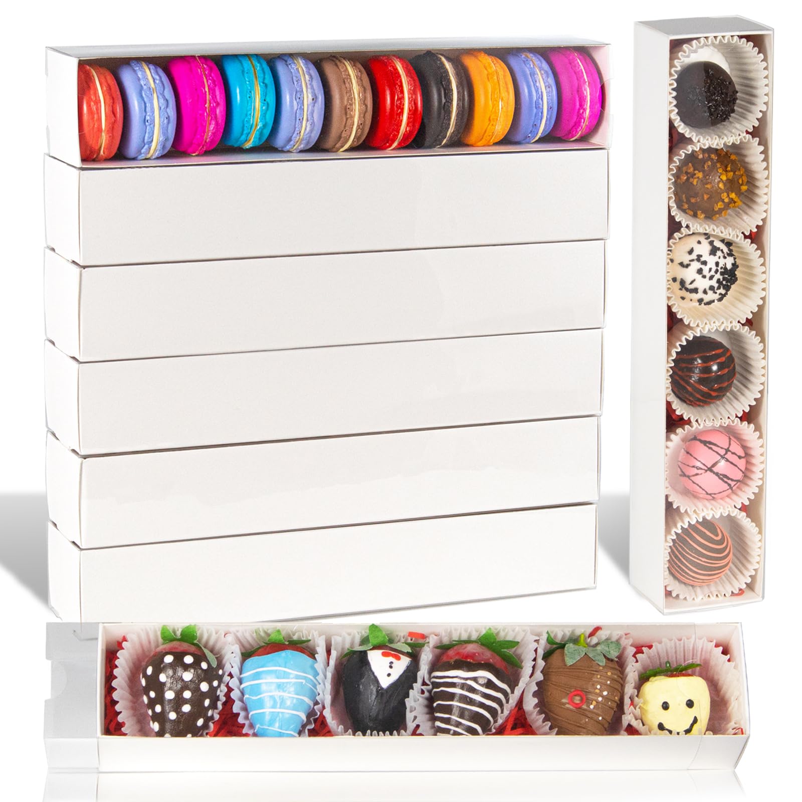 Photo 1 of 50pcs 12x2.2x2 Inch Minimalist Rectangular Bakery Boxes for Chocolate Covered Strawberries ,Macaron, Truffle,Cocoa Bombs ,Cookies,Chocolate Covered Oreos,Mini Cupcakes,Cake Balls &Party Favorite Boxes