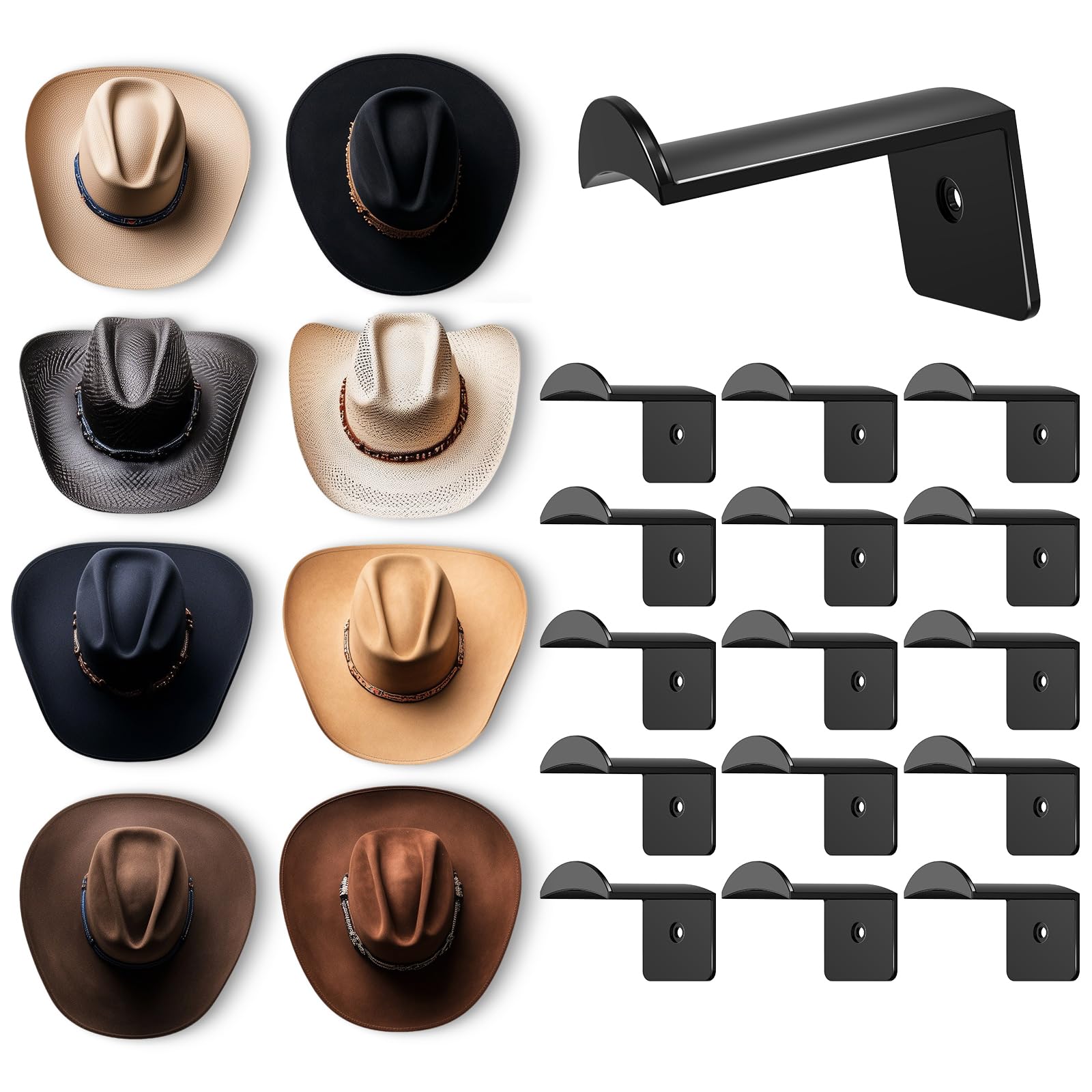 Aoodaily 2.8 Inch Hat Hooks for Wall - (16 Pack) Cowboy Hat Rack, Strong Adhesive Cap Holder, Organizer for Baseball Caps, Western Room Decor - Black