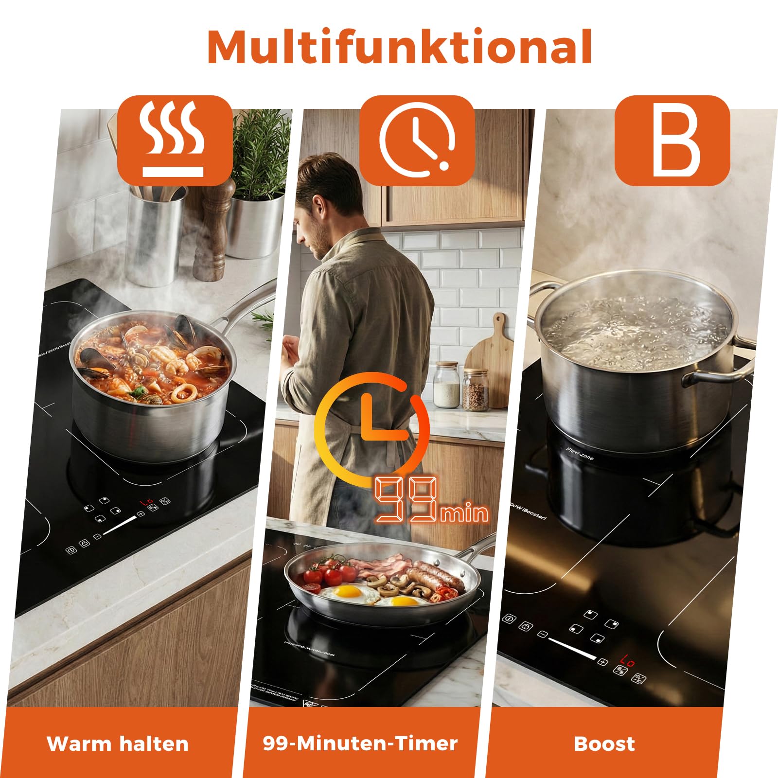 Topwish Induktionskochfeld 4 platten mit Flexzonen, Induktionskochfeld einbau 60cm,herdplatte 4 kochfelder mit Boost-Funktion, Timer, Kindersicherung, Überhitzungsschutz und Warmhalten,7200W 6