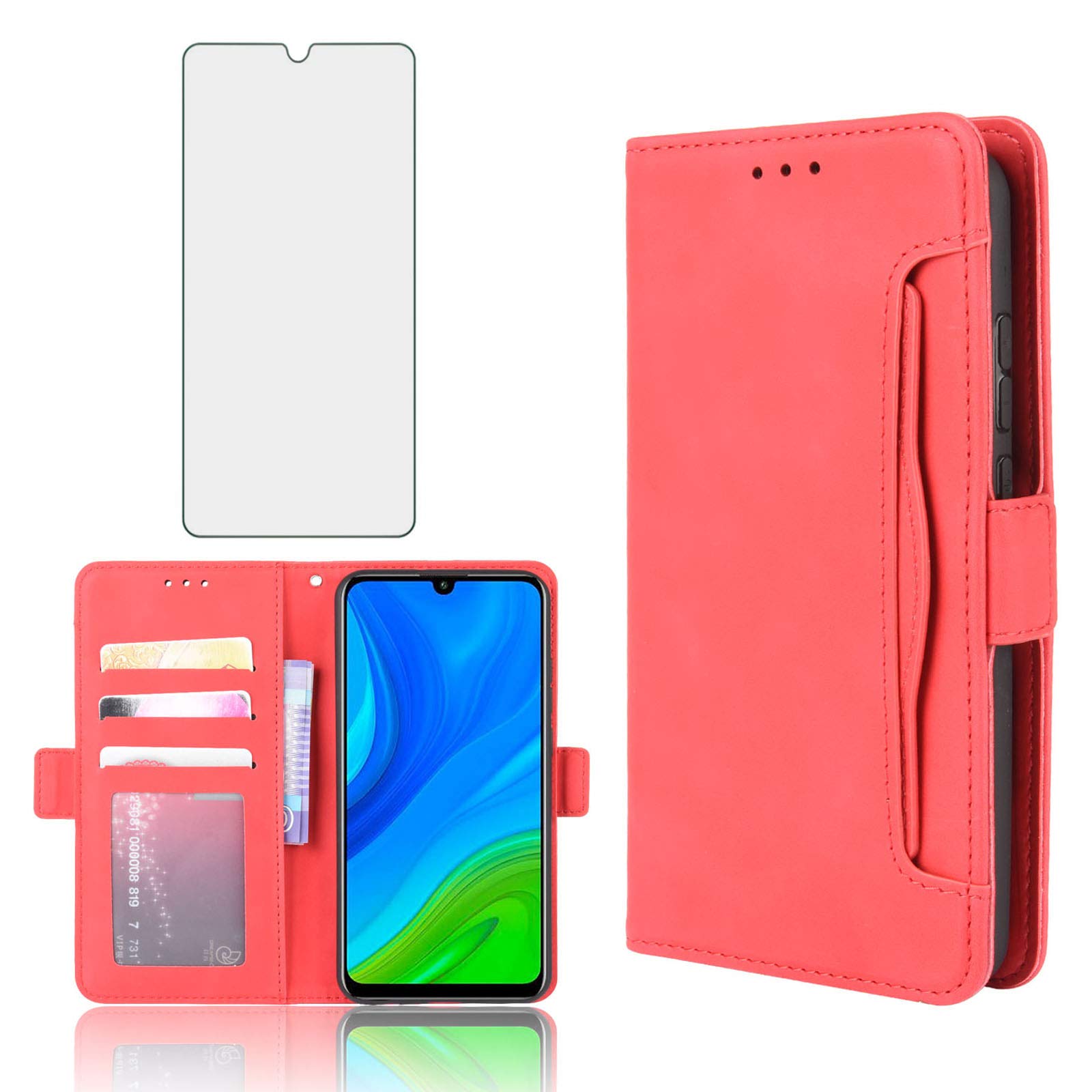 Asuwish Compatible with P Smart 2020 Wallet Case Tempered Glass Screen Protector and Leather Flip Card Holder Stand Kickstand Shockproof Cell Accessories Phone Cases for PSmart Women Men Red