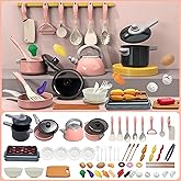 61Pcs Kids Kitchen Toy Accessories Set, Toddler Pretend BBQ Cooking Playset with Pots and Pans, Utensils Cookware, Cut Play Food Set, Toy Vegetables, Play Kitchen for Girls and Boys (Pink)