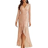 COOAN Women's Long Sequin Formal Dresses Long-Sleeve Cocktail Wedding Guest Dresses Elegant V Neck Party Gowns
