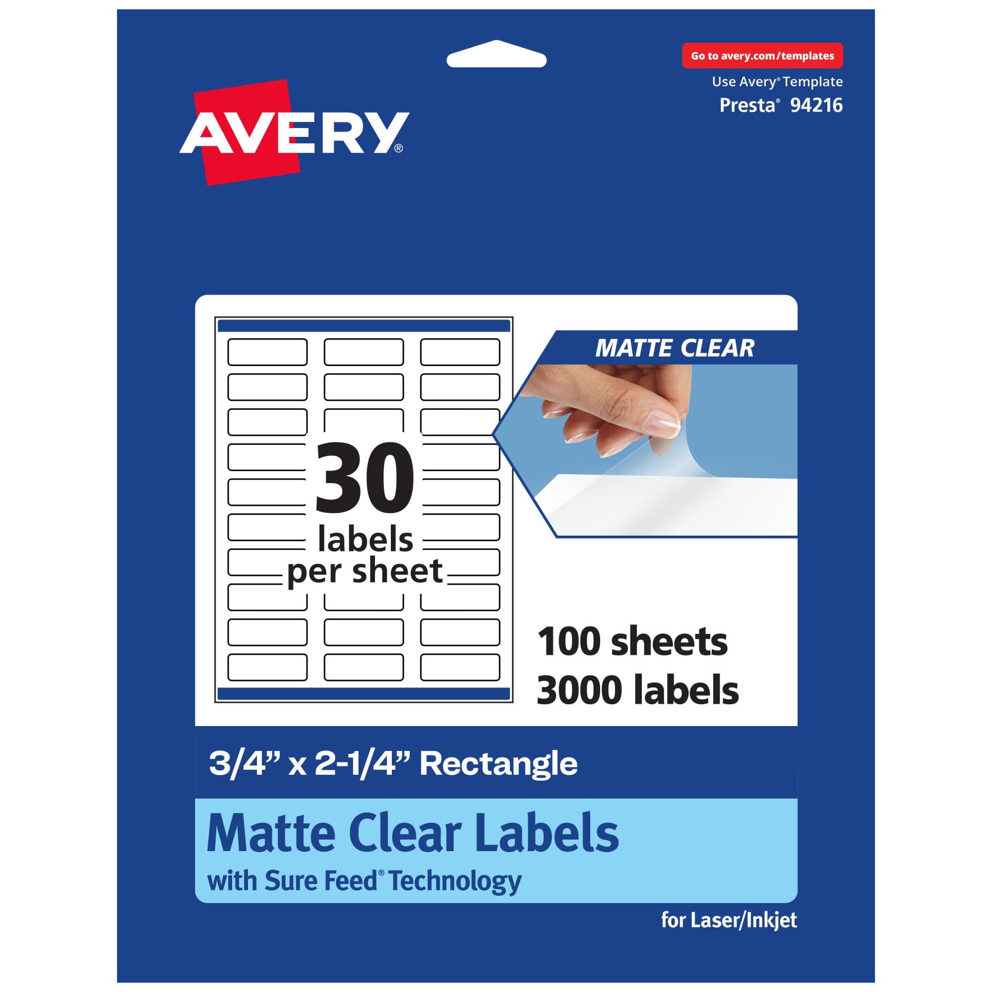 Avery Matte Clear Rectangle Labels, Sure Feed Technology, 0.75″ x 2.25″, 3,000 Matte Clear Labels, Print-To-The-Edge, Laser/Inkjet Printable