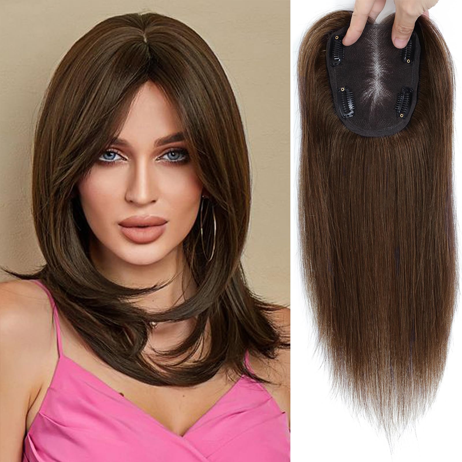 Human Hair Toppers for Women Real Human Hair Topper with Thinning Hair Clip In Topper Hairpieces 40g No Bangs 10 * 12CM Swiss Base Wiglets Top Hair Toppers 12Inch Medium Brown