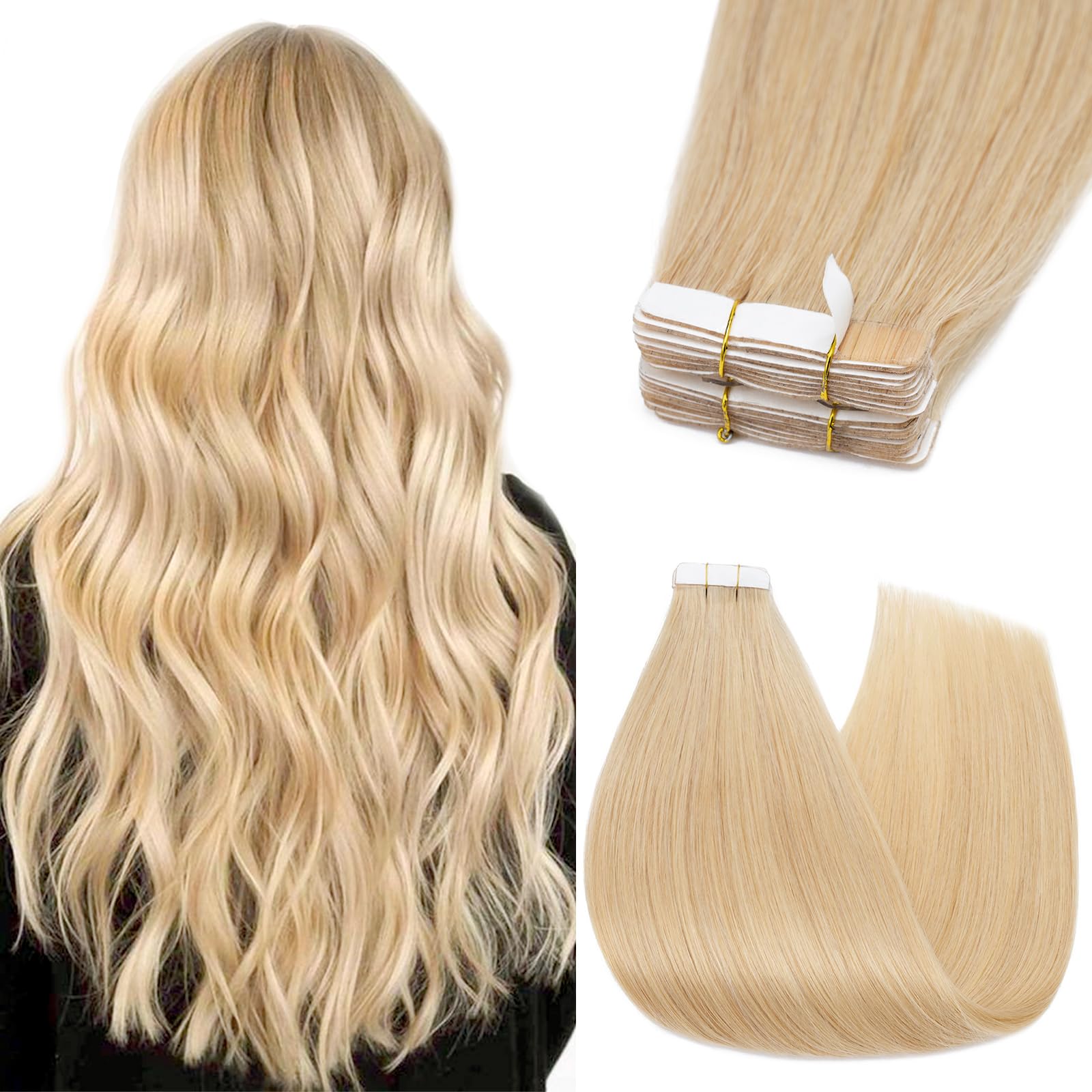 Silk-co Tape in Hair Extension Real Straight Human Hair 10pcs 100% Remy Straight Skin Weft Hair Extension (12inch 10Pcs #24 Natural Blonde)