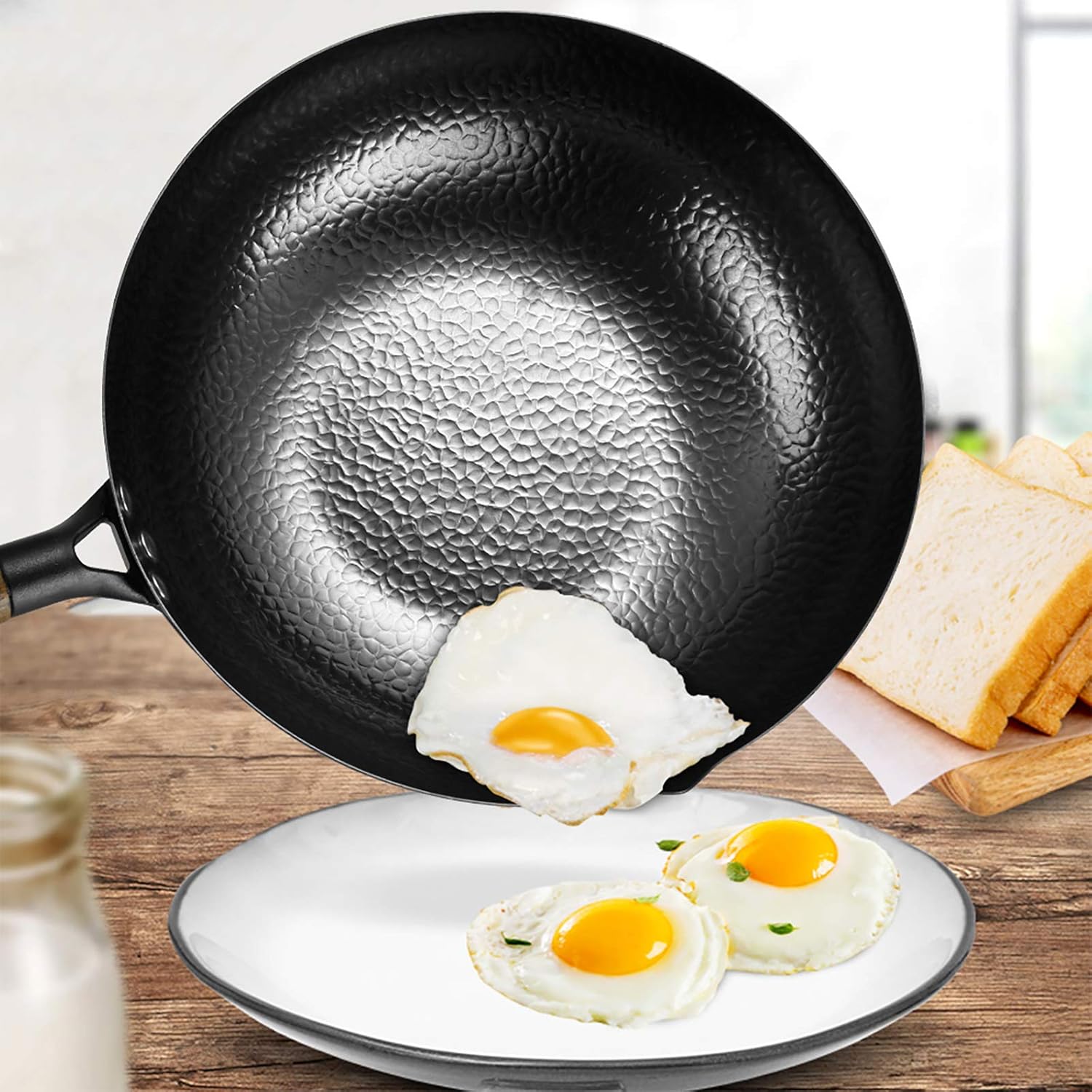 Wok pan carbon steel wok For gas stoves And electric Induction, 12.5 inch non-stick wok With wooden spatula And lid: Kitchen & Dining