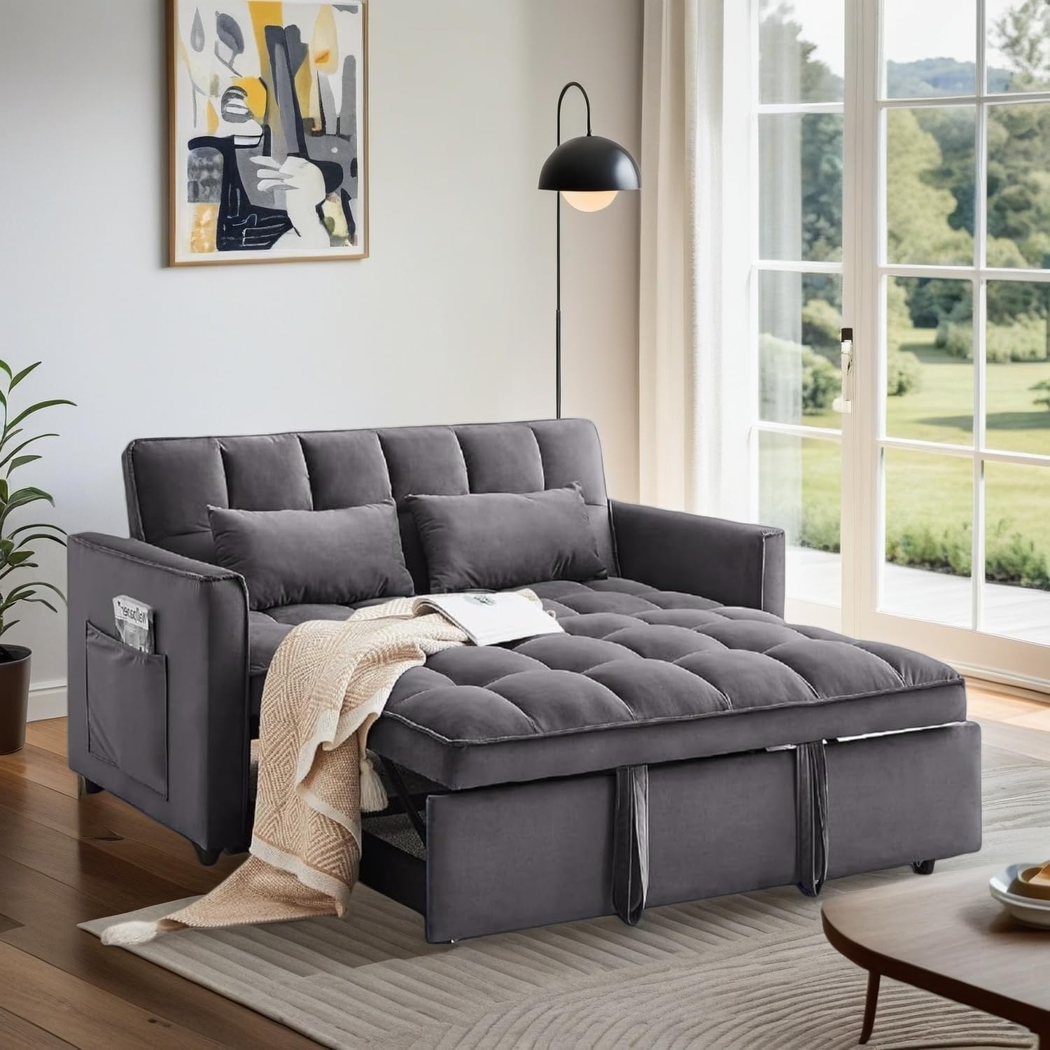 Photo 1 of **DIRT FROM TRANSPORT **Trygoal 3 in 1 Convertible Sleeper Sofa Bed, Pull Out Sofa Bed with Side Pockets, Velvet Love Seat Sleeper Beds with Adjustable Backrest for Living Room, Bedroom, Apartment, Small Space, Dark Gray