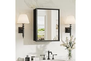 TokeShimi 14 x 18 Recessed Medicine Cabinet, Assembly Required, Black Bathroom Medicine Cabinet with Mirror, Stepless Adjustable Shelves, Tempered Glass, Beveled Aluminum Frame