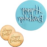 Blue Happy Birthday Fondant Embosser, 3D Design Happy Birthday Cookie Stamp, Food-Grade Plastic Cookie Cutters for DIY Baking, Decorating Cake/Sugar Paste/Cupcake/Chocolate,3.15inch