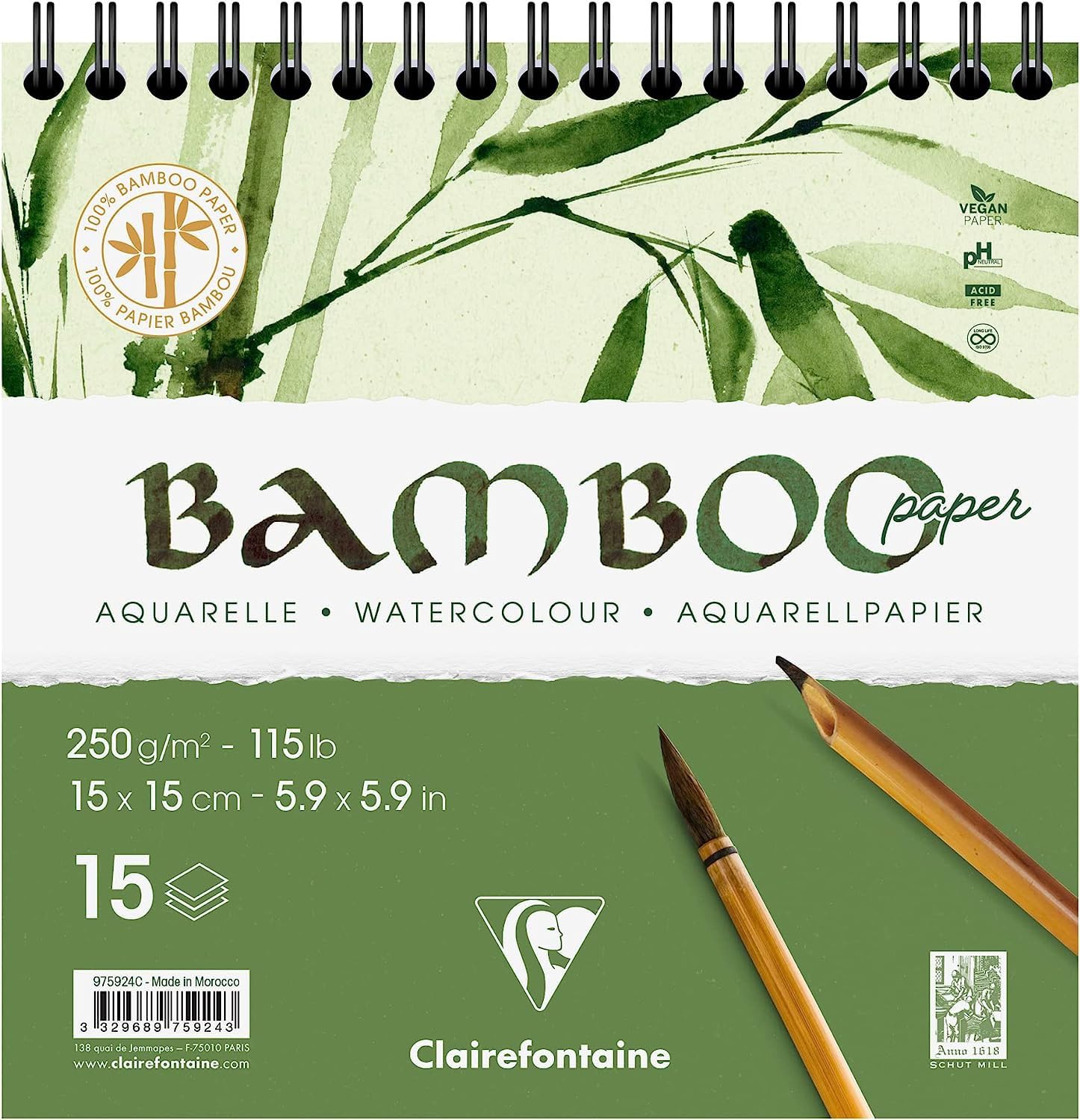 Clairefontaine 975924C - Bamboo Spiral-bound Pad - 15 Sheets of 100% Bamboo Watercolour Paper, Natural White, 100% Vegan - Finely Marked Grain, 15x15 cm, 250g