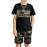 Arshiner Boys' 2-Piece Cotton Outfit Color Block T-Shirt and Shorts Set Casual Summer Clothes for Kids 6-14 Years