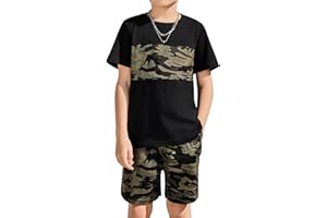 Arshiner Boys' 2-Piece Cotton Outfit Color Block T-Shirt and Shorts Set Casual Summer Clothes for Kids 6-14 Years