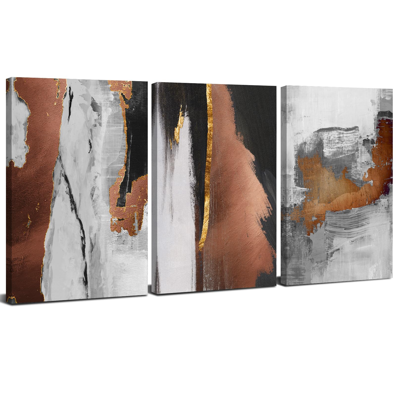 Set of 3 Abstract Wall Art Brown Grey and Gold Wall Decor Modern Abstract Black and White Prints Wall Pictures Neutral Canvas Paintings Artwork for Living Room Bedroom Office Home Decoration 30x40cm