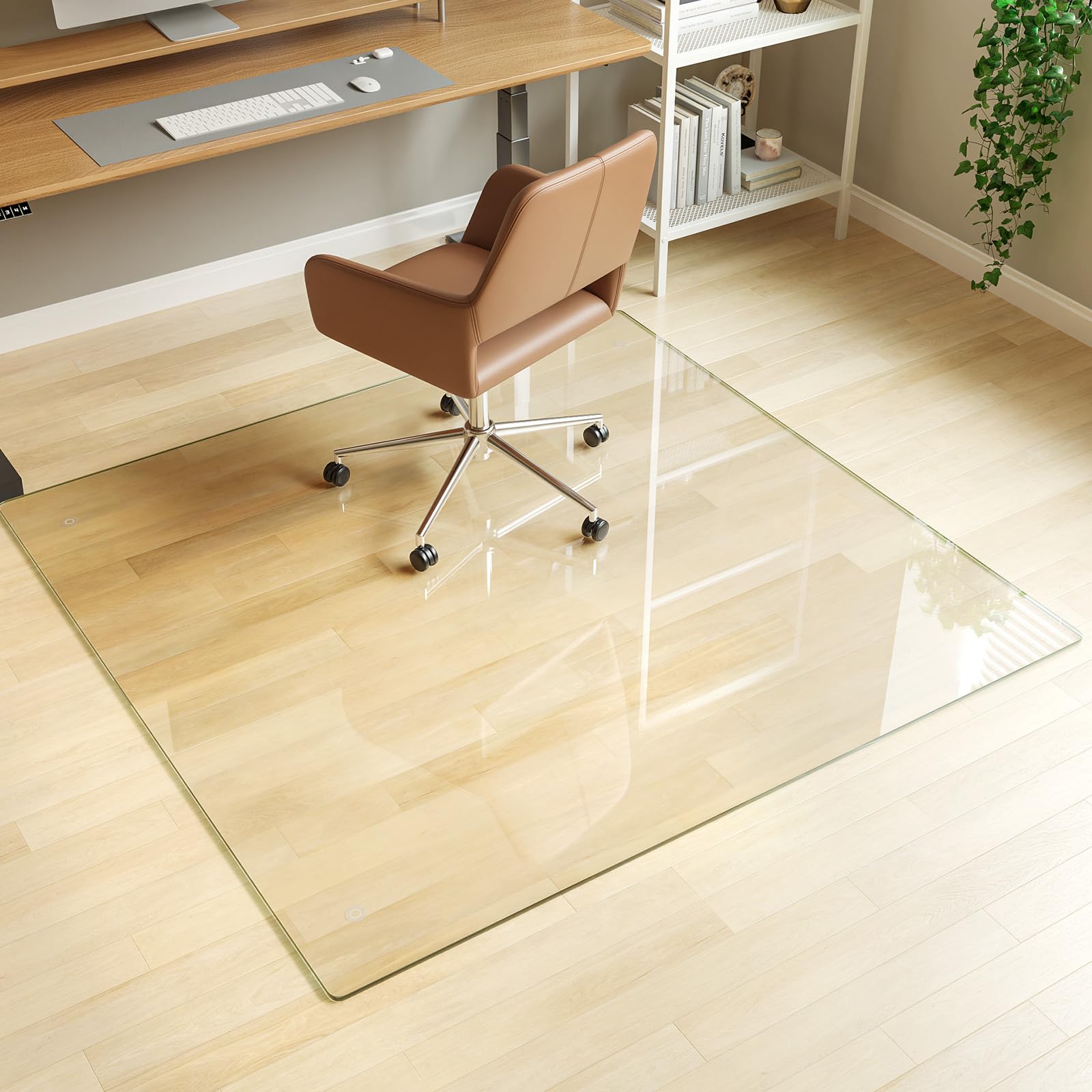 [Tempered Glass] 48" x 48" Glass Chair Mat, 1/5" Thick Office Chair Mat for Carpet or Hardwood Floor, Heavy Duty Hard Chair Mats with Round Corner and Polished Edge, Carpeted Floor Protector Image