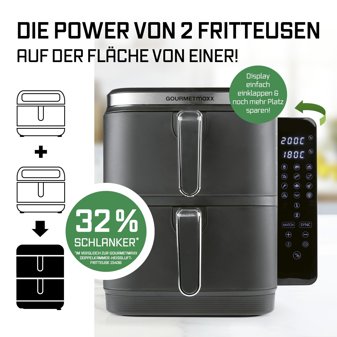 GOURMETmaxx FryUp Vertikale Doppelkammer Heißluftfritteuse | vertikaler Airfryer | klappbares Touchdisplay | 32% platzsparender | Fassungsvermögen 10L | Heißluftfritteuse 2 Kammern 2