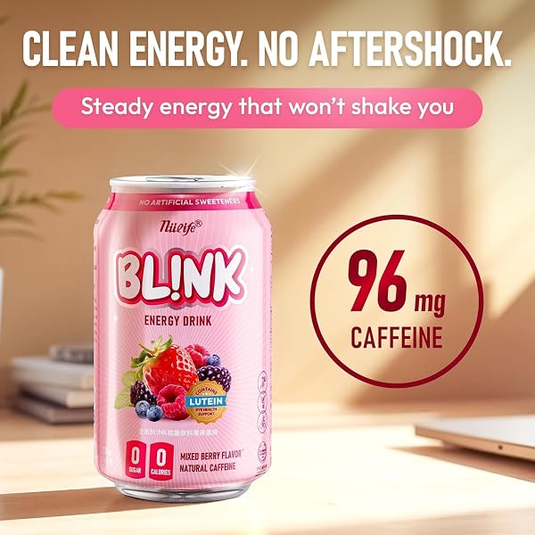 NÜLIFE SUGAR FREE ENERGY DRINK MIXED BERRY, PACK OF 12, 96MG NATURAL CAFFEINE, LUTEIN FOR EYE SUPPORT DRINKS, VITAMIN ENRICHED, BL!NK HEALTHY CLEAN ENERGY, NO ARTIFICIAL SWEETENER, 11.16 FL OZ
