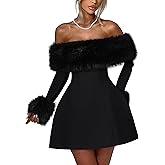 YMDUCH Women's Off Shoulder Long Sleeve Fur Trim A-Line Party Club Mini Dress