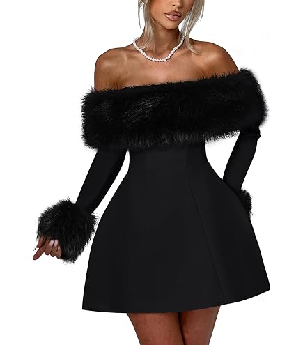 SOLY HUX Women's Bodycon Mini Dress Off the Shoulder Contrast Faux Fur Long Sleeve Dresses Pure Black Small : Clothing, Shoes & Jewelry