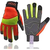 HANDLANDY Hi-vis Reflective Work Gloves, Anti Vibration Safety Gloves, Touch Screen, Orange Flexible Spandex Back