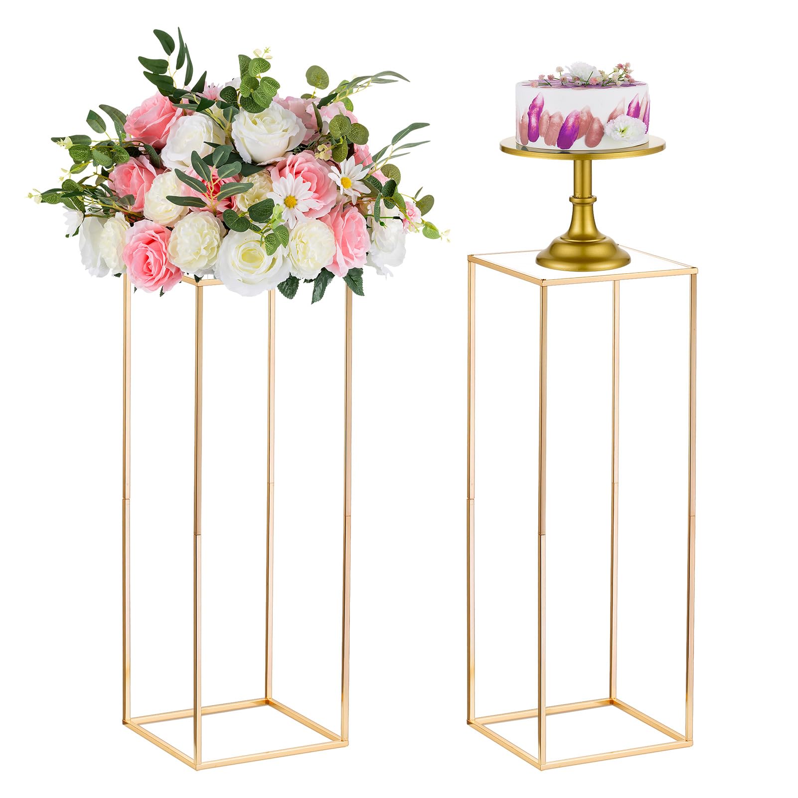 Nuptio 2 Pcs Gold Vases for Wedding Centerpiece Tables, Metal Flower Floor Vase Column Flower Stand, 80cm Tall Geometric Flower Vase, Rectangular Flower Display Rack for Home Party Wedding Decor