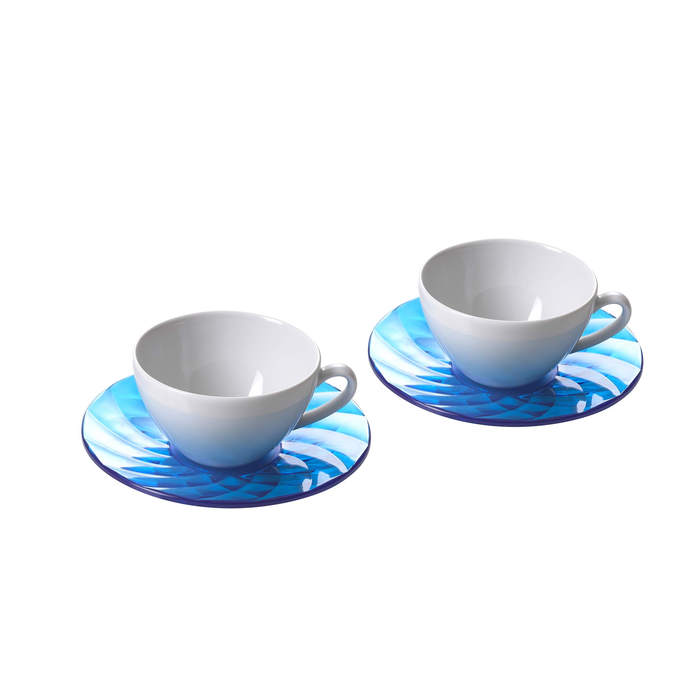 Omada Design 2 Porcelain teacups and Practical Colored Plates, in Acrylic with a Diamond Effect, Diamond Collection, Turquoise