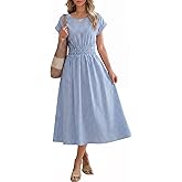 ANRABESS Womens Summer Midi Dress Striped Casual Short Sleeve Crewneck Empire Waist 2026 Flowy Long Beach Dress with Pockets