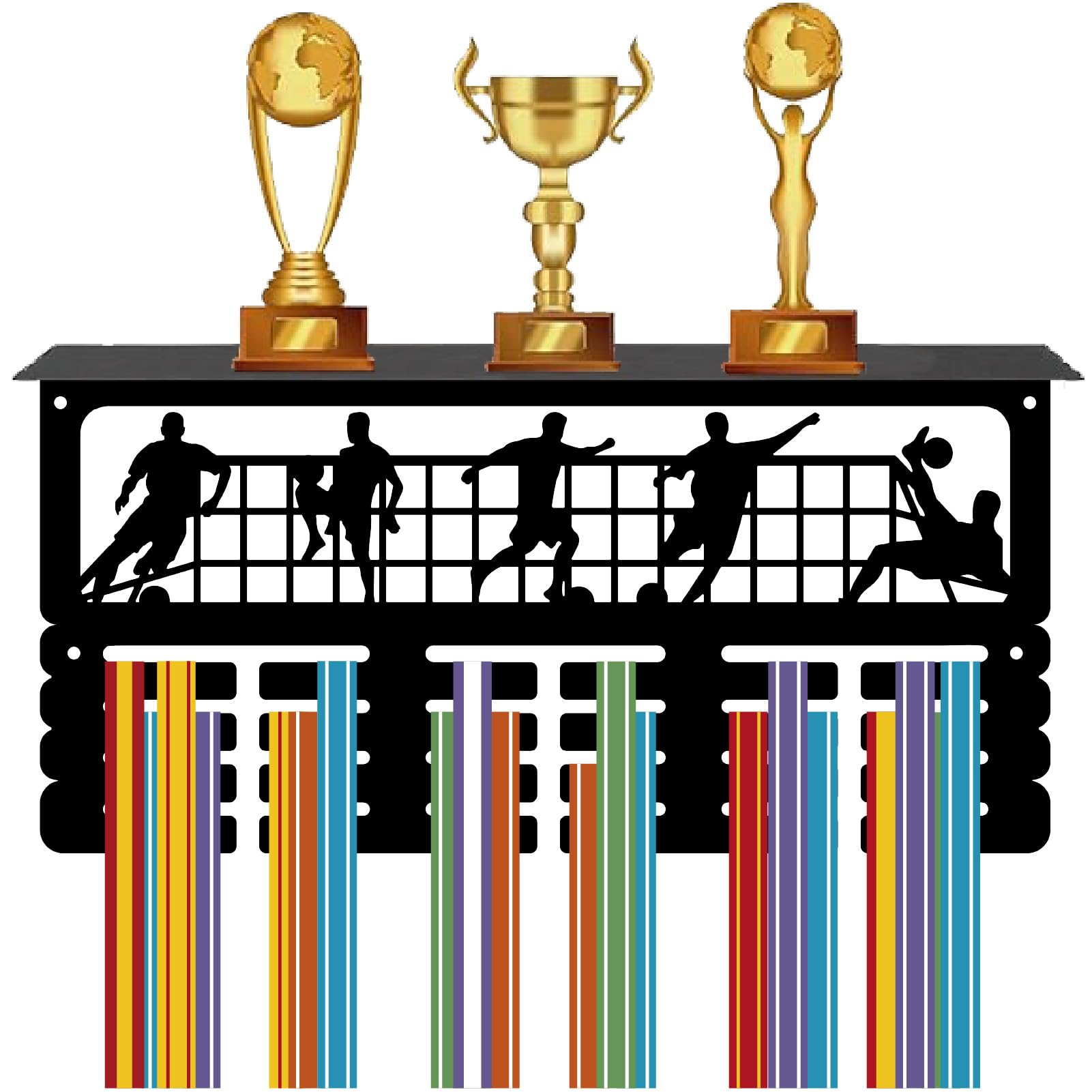 CREATCABIN Football Medal Hanger Display Trophy Shelf Soccer Medal Holder with Shelf Stand Sports 4 Rows Metal Hanging Wall Mount Hold 70+ Medals for Running Competition Medals Rack Black 15.7x7.9Inch