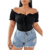 WDIRARA Women's Plus Size Off The Shoulder T Shirt Tie Front Puff Sleeve Tee Ruched Going Out Tops