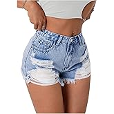 SOLY HUX Women's Ripped Raw Hem Jean Shorts Vintage High Waisted Mini Denim Shorts Streetwear