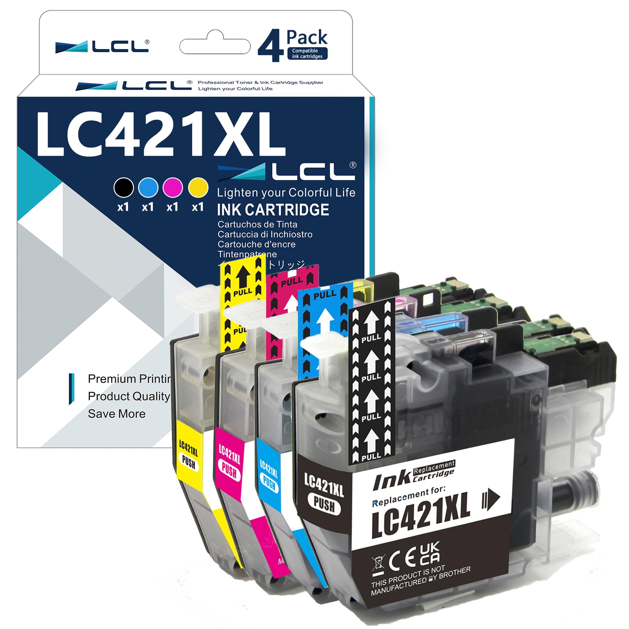 LCL LC421 LC421XL High Capacity Ink Cartridge Replacement for Brother LC-421 LC-421XL LC421XL LC421VAL LC421XLVAL Compatible with DCP-J1050DW DCP-J1140DW MFC-J1010DW (4Pack KCMY)