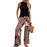 WIHOLL Two Piece Set for Women Summer Spring Outfits Cruise Travel Airport Beach Vacation Mock Neck Wide Leg Pants Set