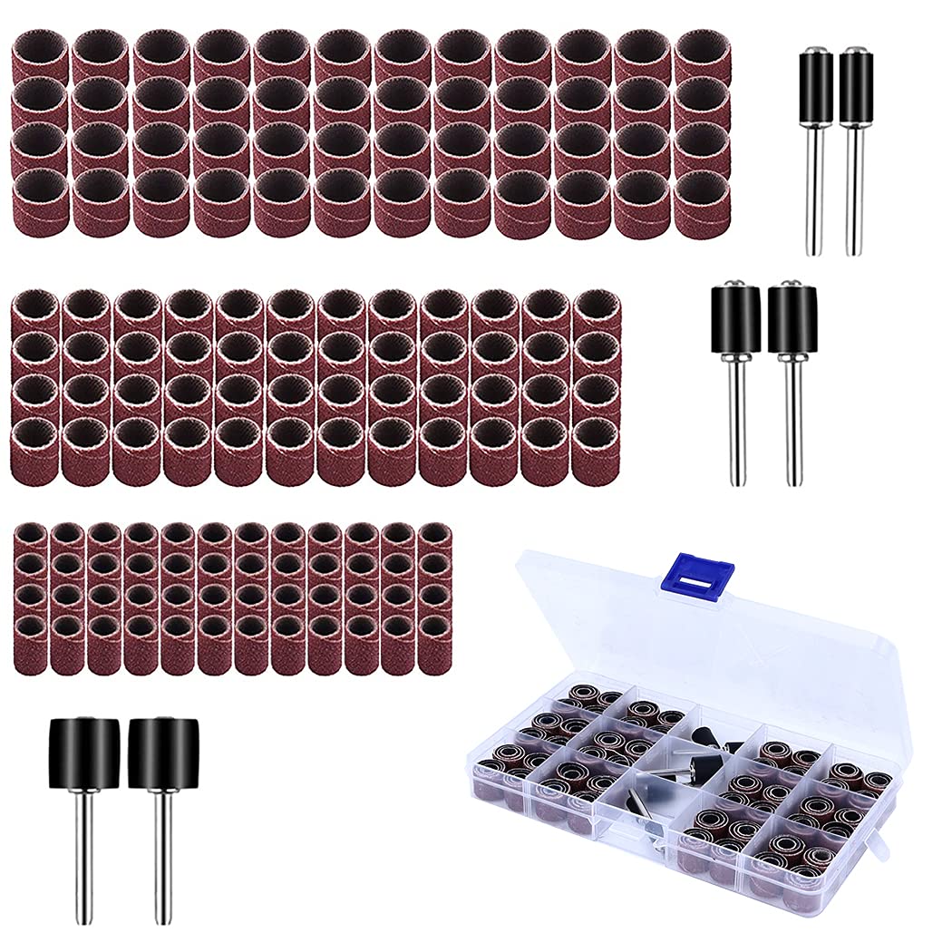 150 Pieces Drum Sander Set, Including 144 Pcs Nail Sanding Band Sleeves(80 / 120Grit) and 6 Pcs Drum Mandrels for Dremel Rotary Tool