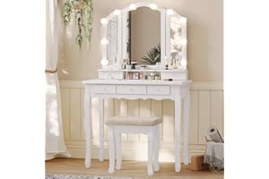 Tiptiper Vanity Table Set with Lighted Tri-Folding Mirror, Makeup Vanity with Lights & 3 Color Lighting Modes, Vanity Desk with Mirror and Cushioned Stool, Makeup Table with 5 Drawers, White