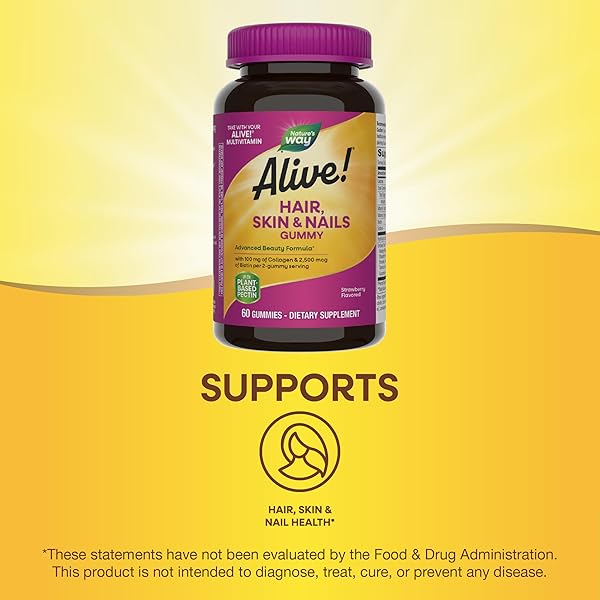 NATURE’S WAY ALIVE! HAIR, SKIN & NAILS GUMMIES, ADVANCED BEAUTY FORMULA*, WITH BIOTIN AND COLLAGEN, STRAWBERRY FLAVORED, 60 GUMMIES (PACKAGING MAY VARY)